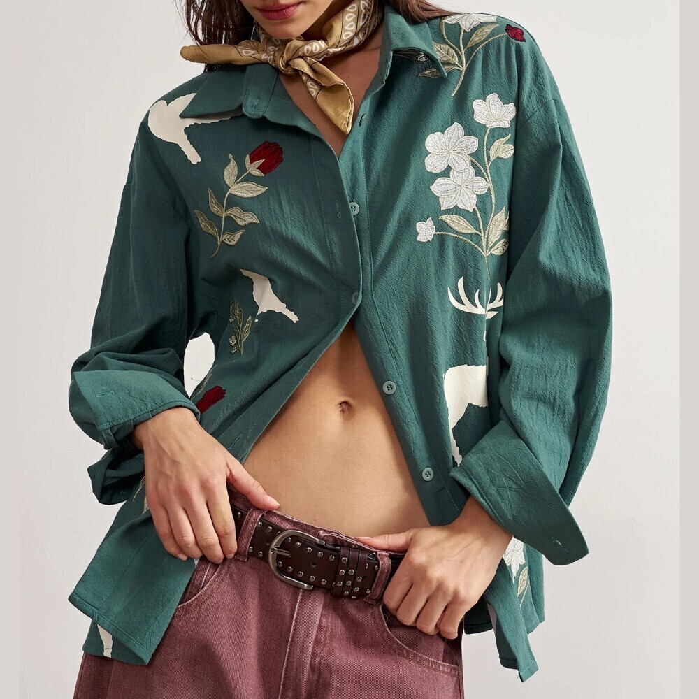 Mute Green Deer Floral Embroidered Oversized Button Down Shirt